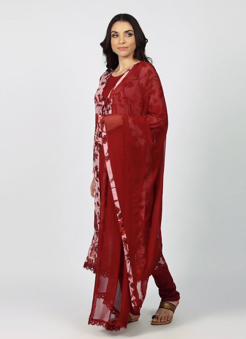 Wine Chiffion Printed Jacket Style Suit Set