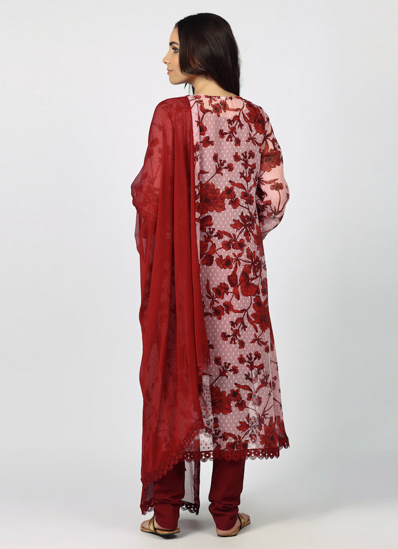 Wine Chiffion Printed Jacket Style Suit Set