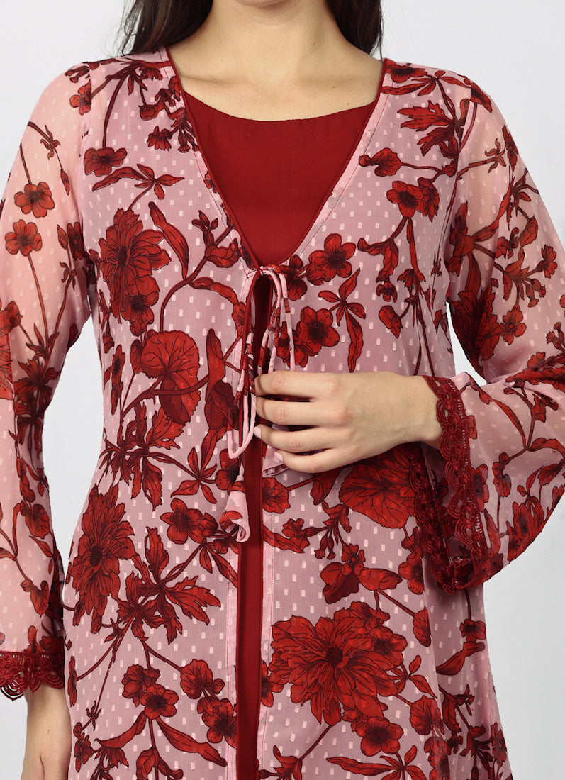 Wine Chiffion Printed Jacket Style Suit Set