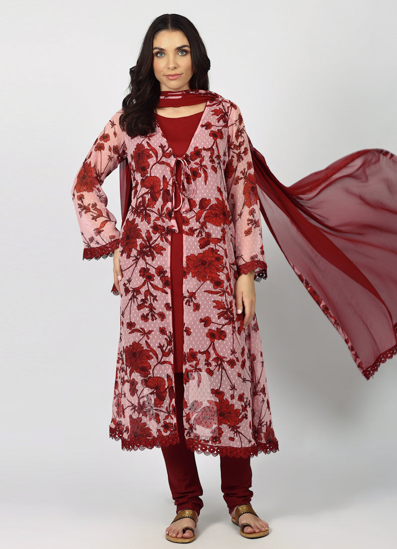 Wine Chiffion Printed Jacket Style Suit Set