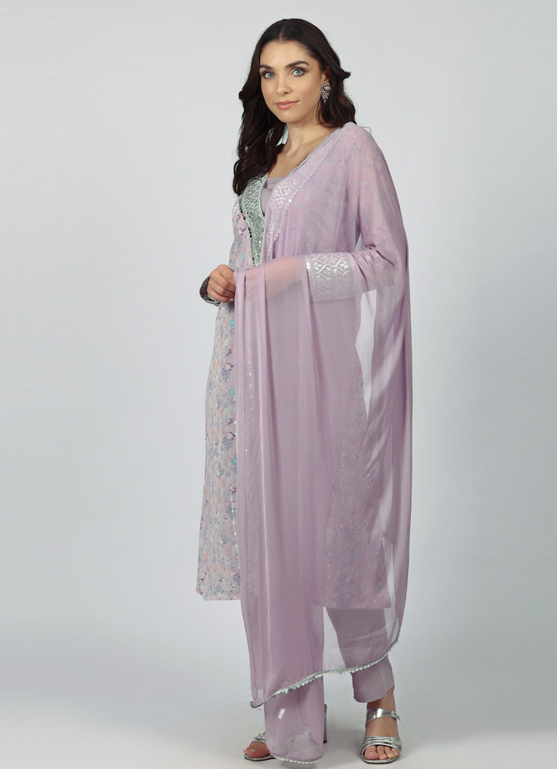Lavendar Georgette A-line Suit Set