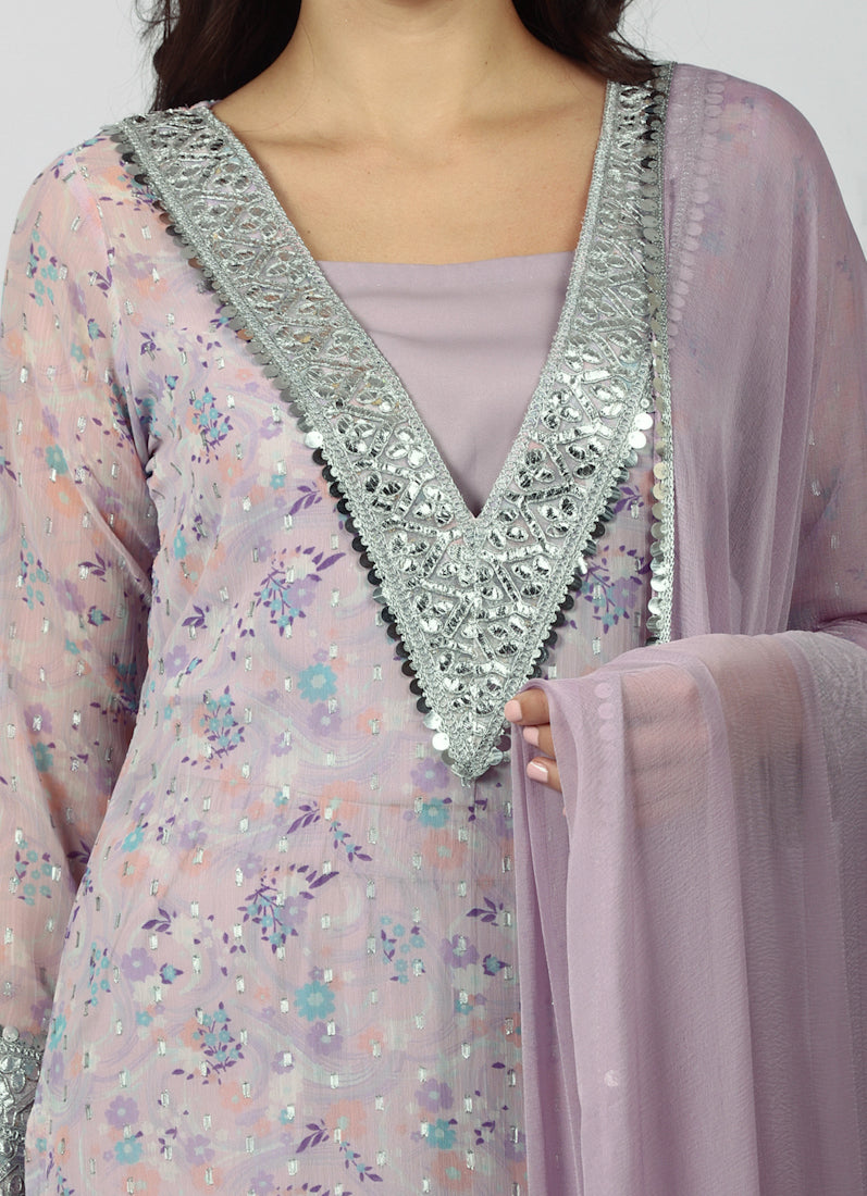 Lavendar Georgette A-line Suit Set