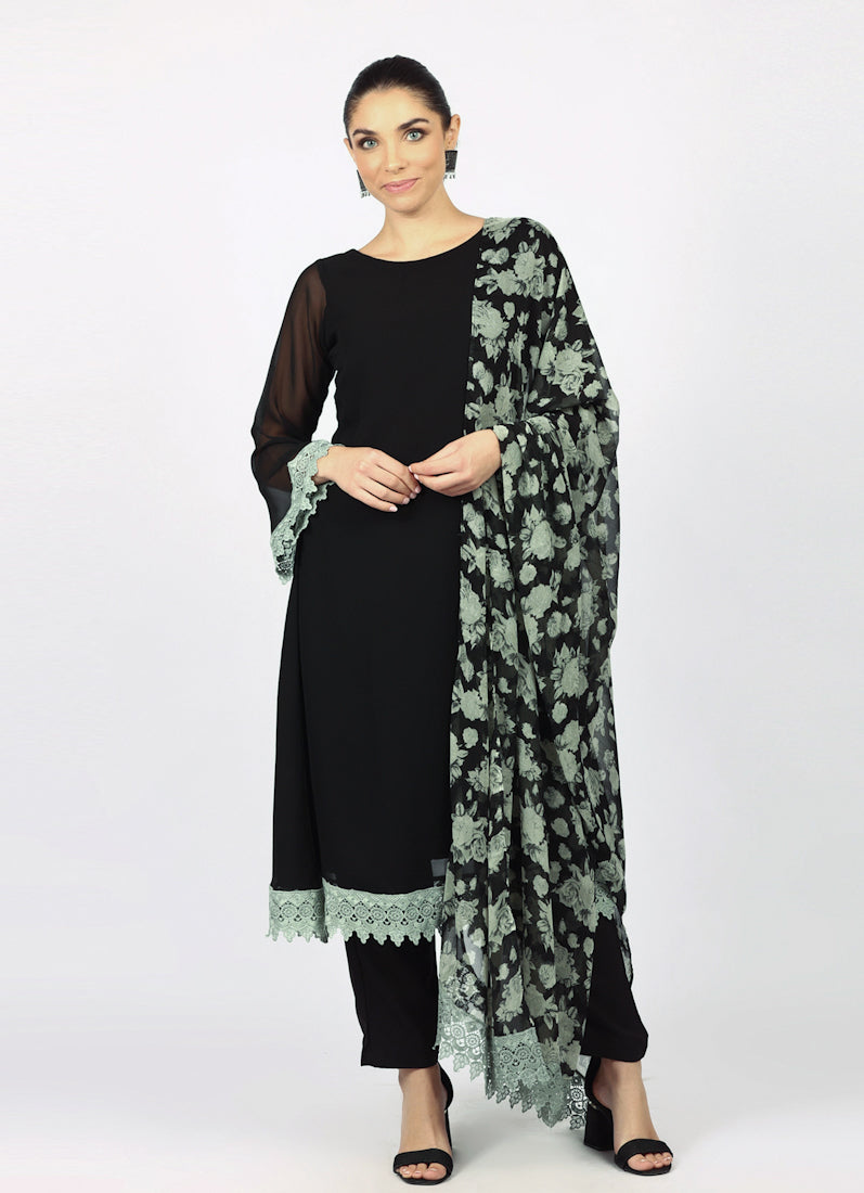 Black Georgette Printed Dupatta Suit Set
