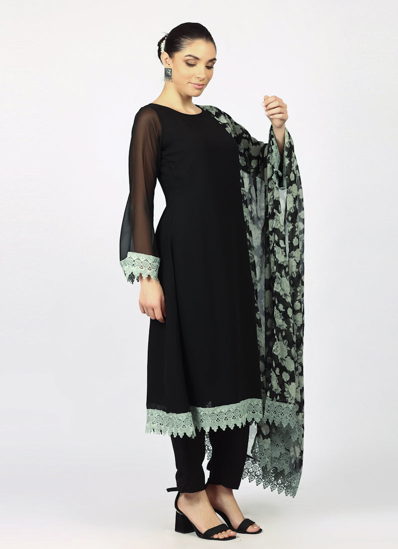 Black Georgette Printed Dupatta Suit Set
