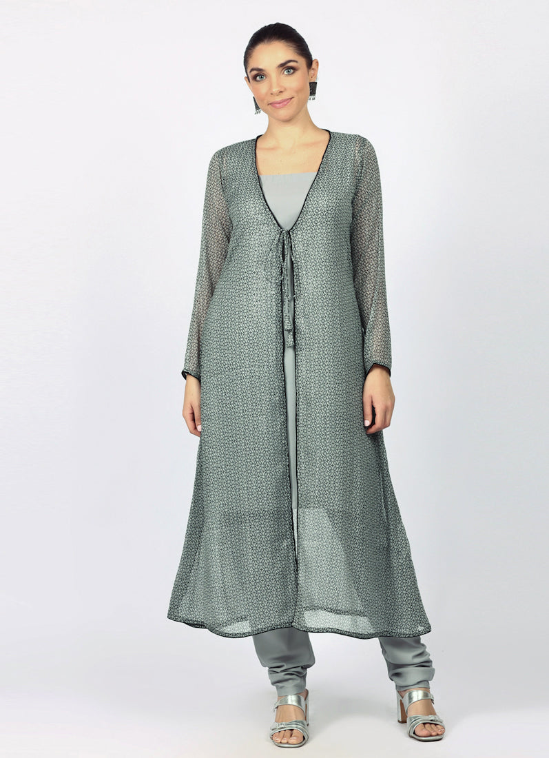 Grey Chiffion Printed Jacket Style Suit Set