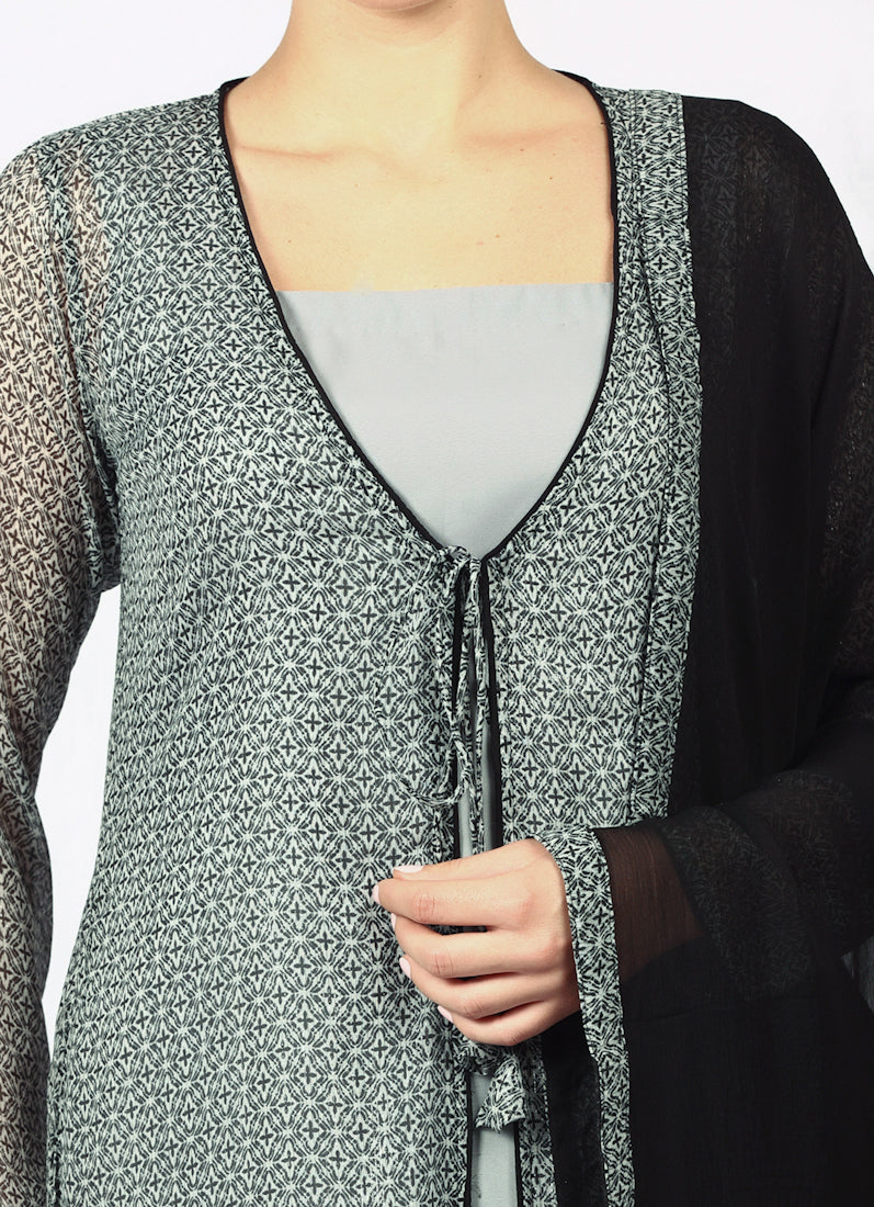 Grey Chiffion Printed Jacket Style Suit Set