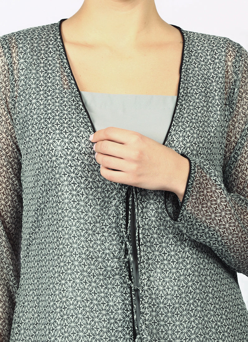 Grey Chiffion Printed Jacket Style Suit Set