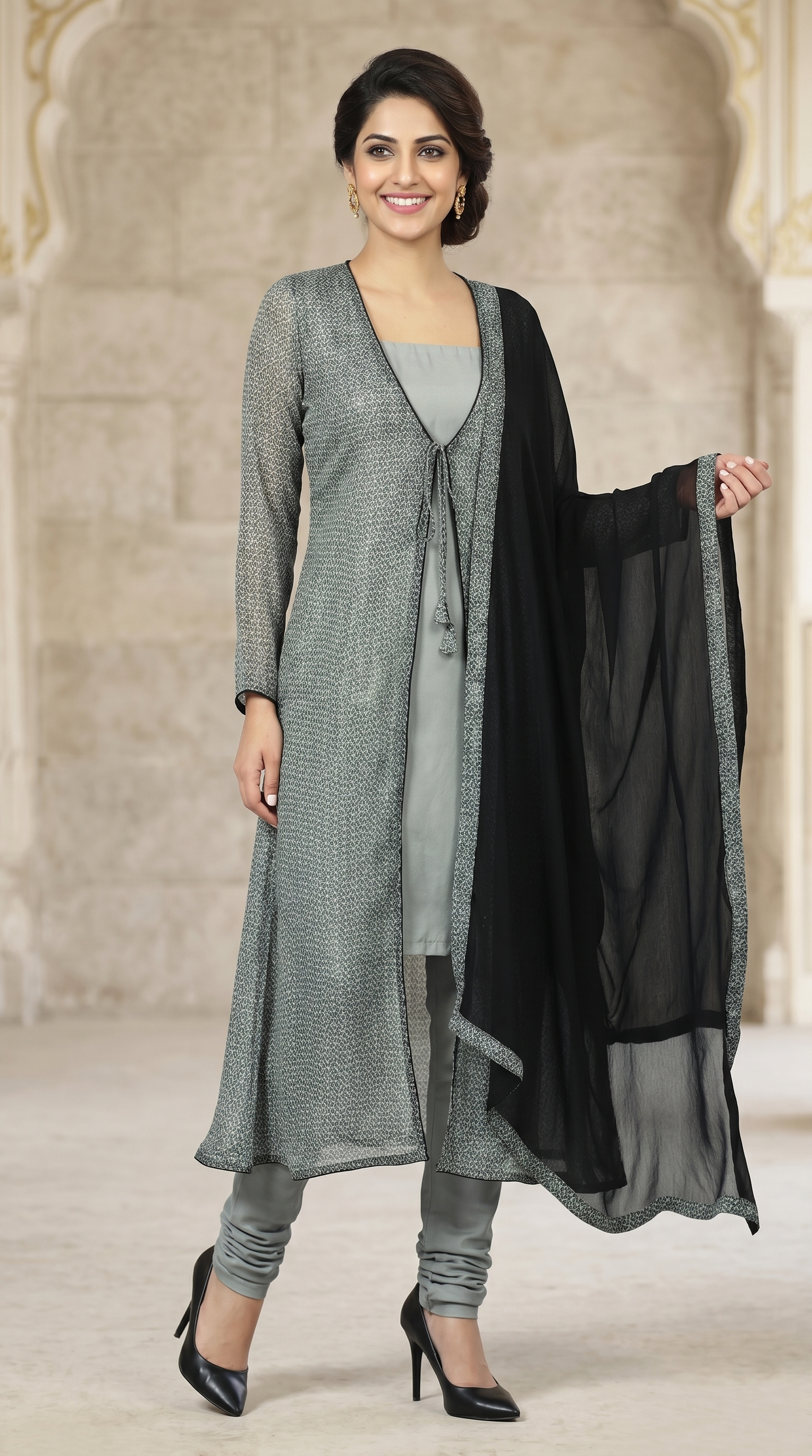 Grey Chiffion Printed Jacket Style Suit Set