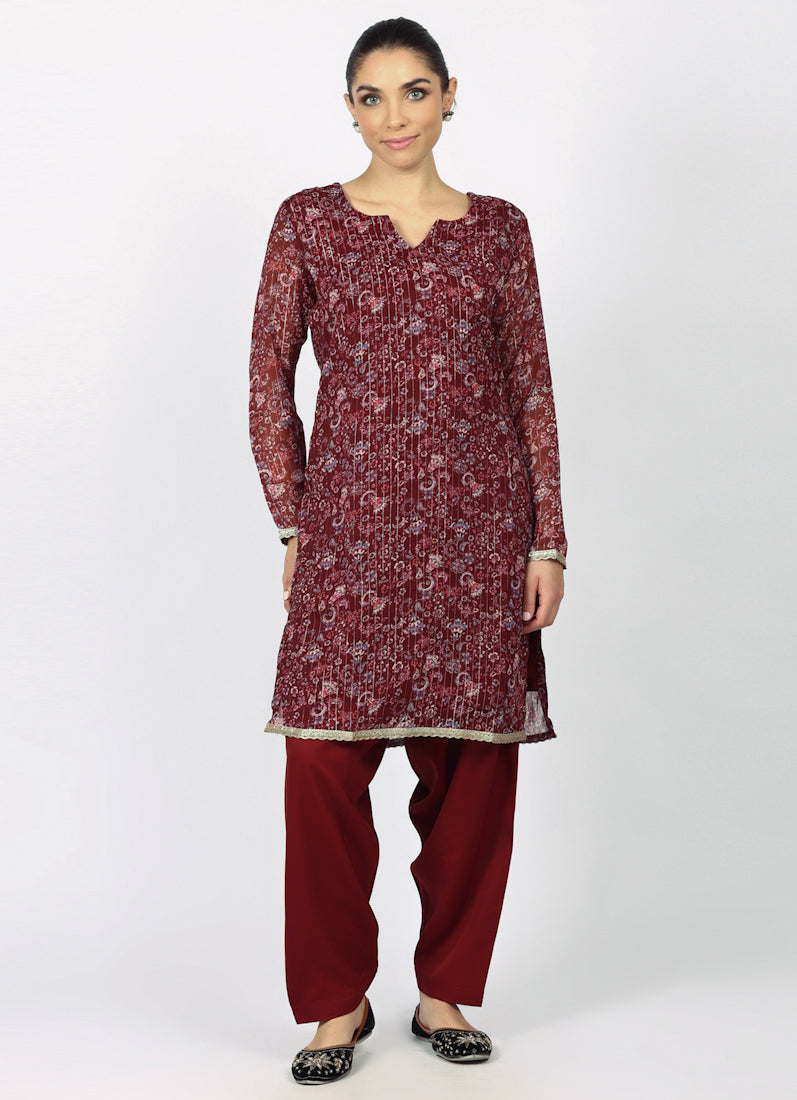 Wine Georgette Lurex Shift Suit Set