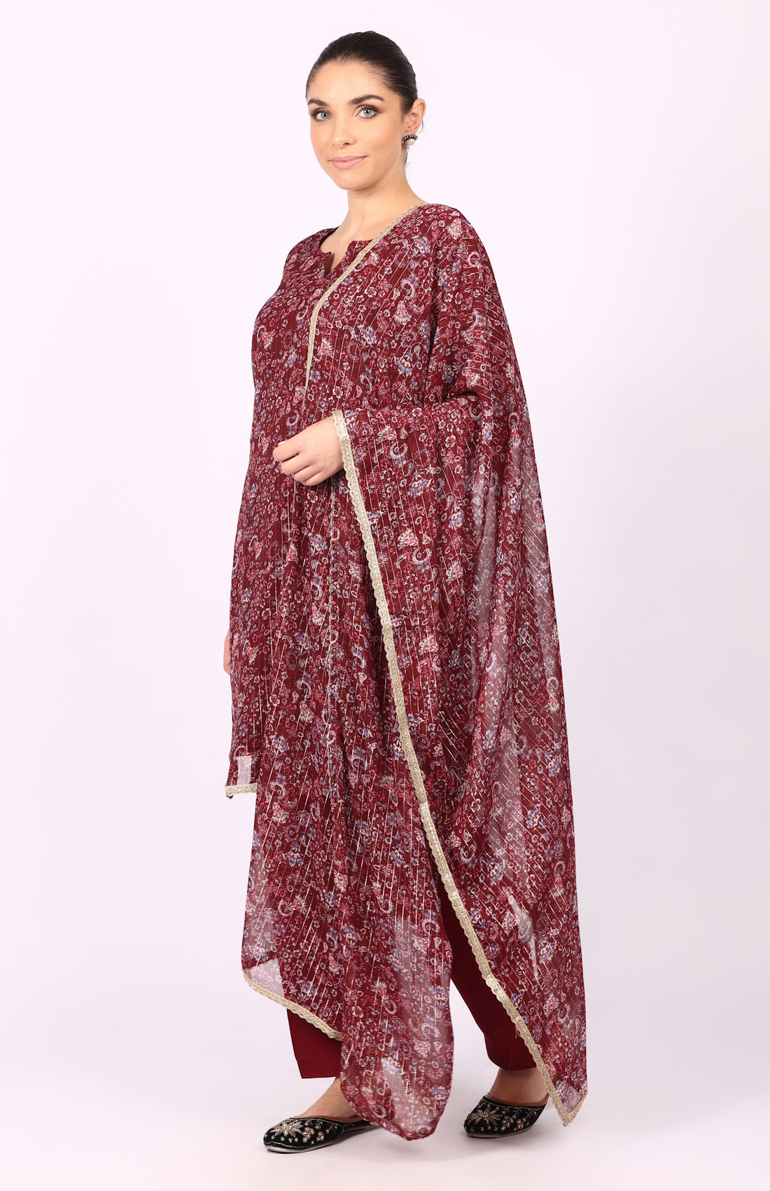 Wine Georgette Lurex Shift Suit Set