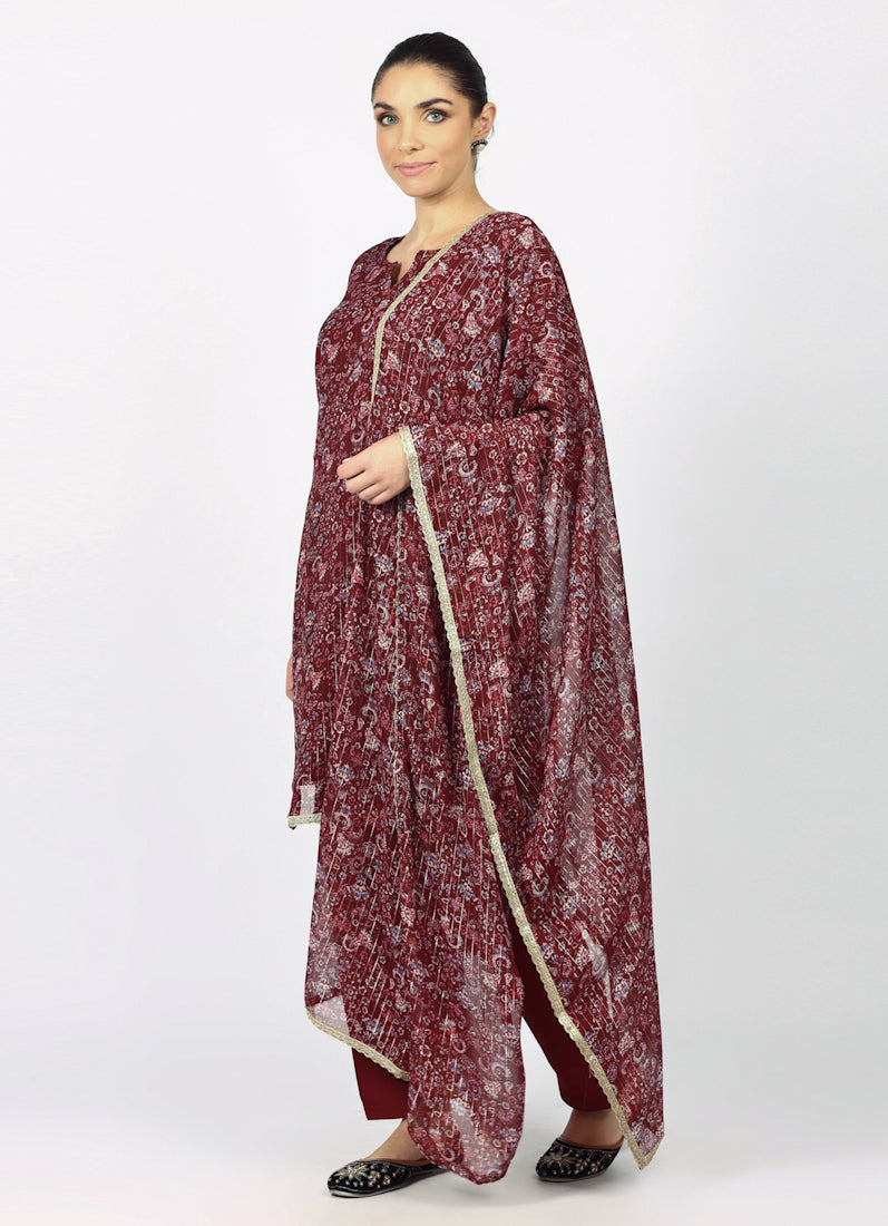 Wine Georgette Lurex Shift Suit Set