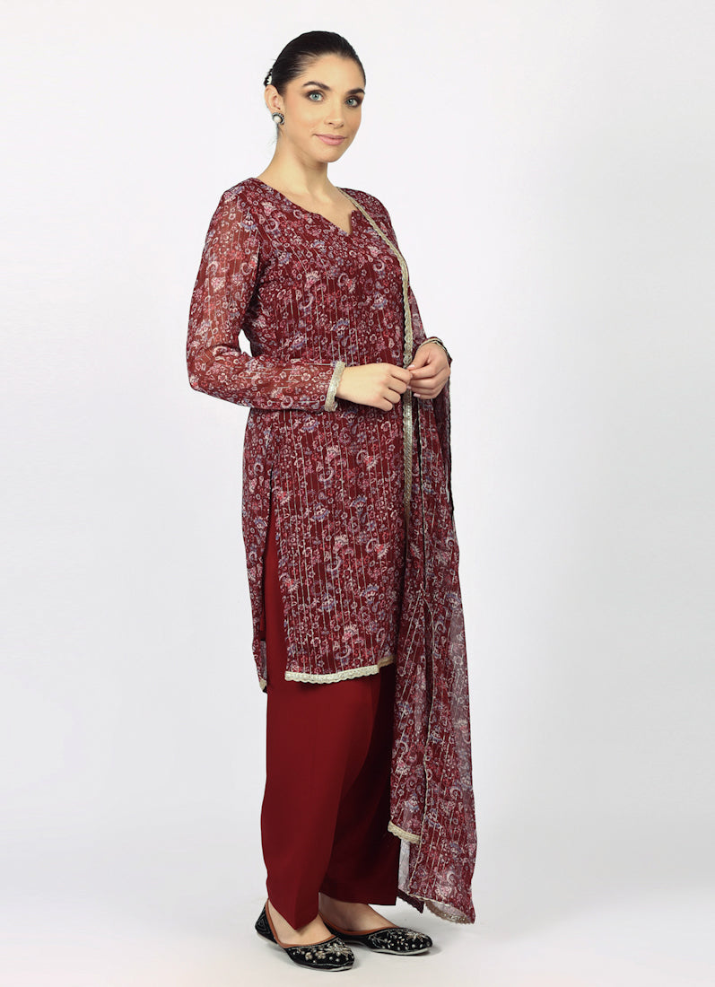 Wine Georgette Lurex Shift Suit Set