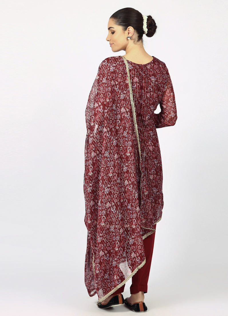 Wine Georgette Lurex Shift Suit Set