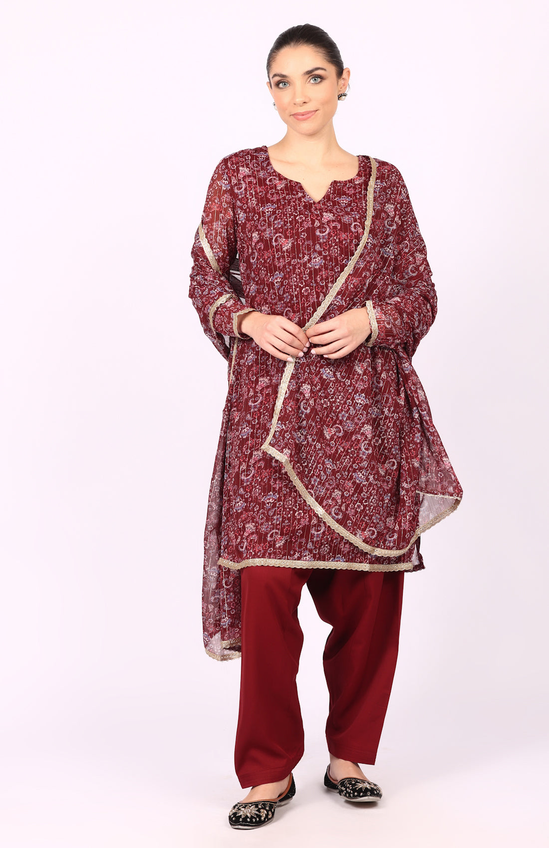 Wine Georgette Lurex Shift Suit Set