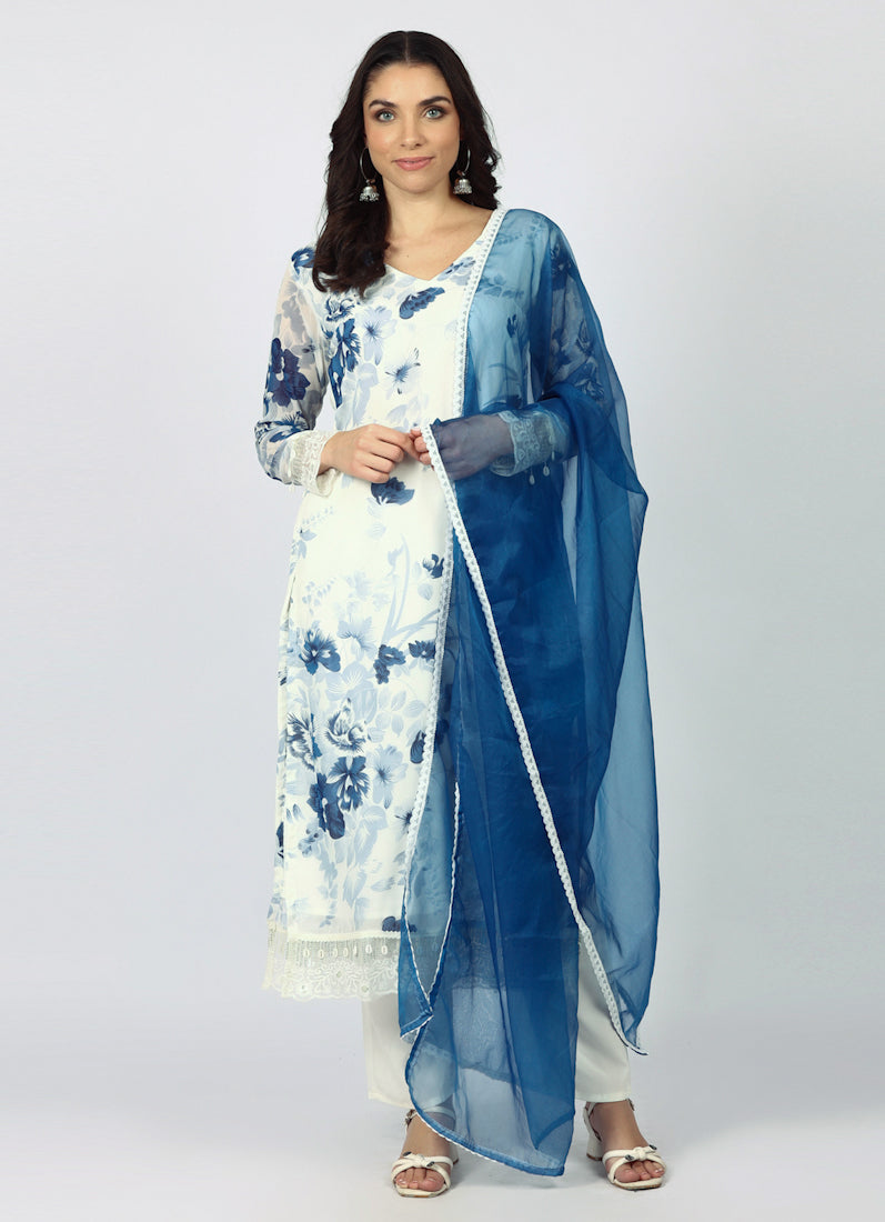 Georgette Printed White   Suit Set