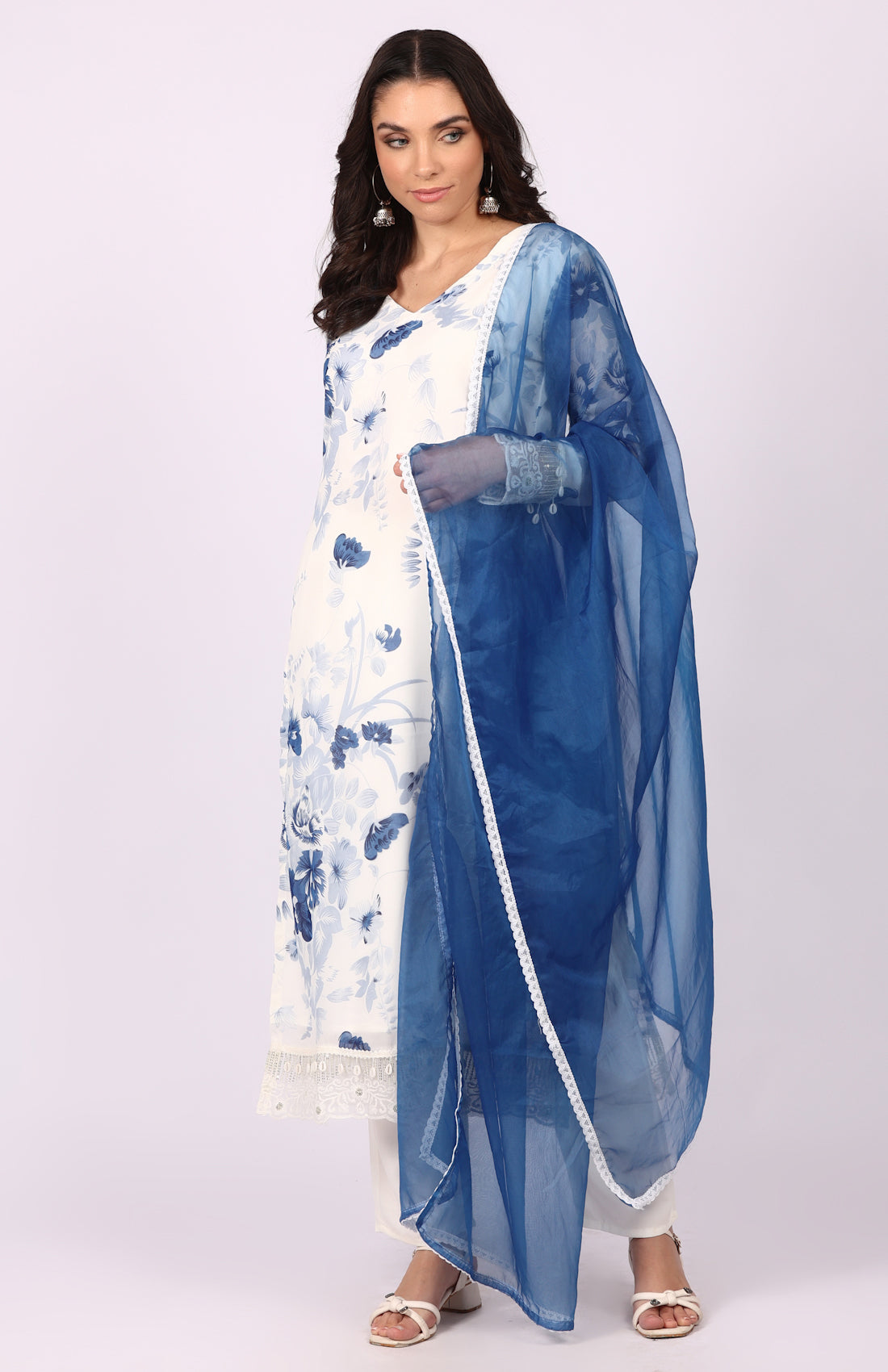 Georgette Printed White   Suit Set