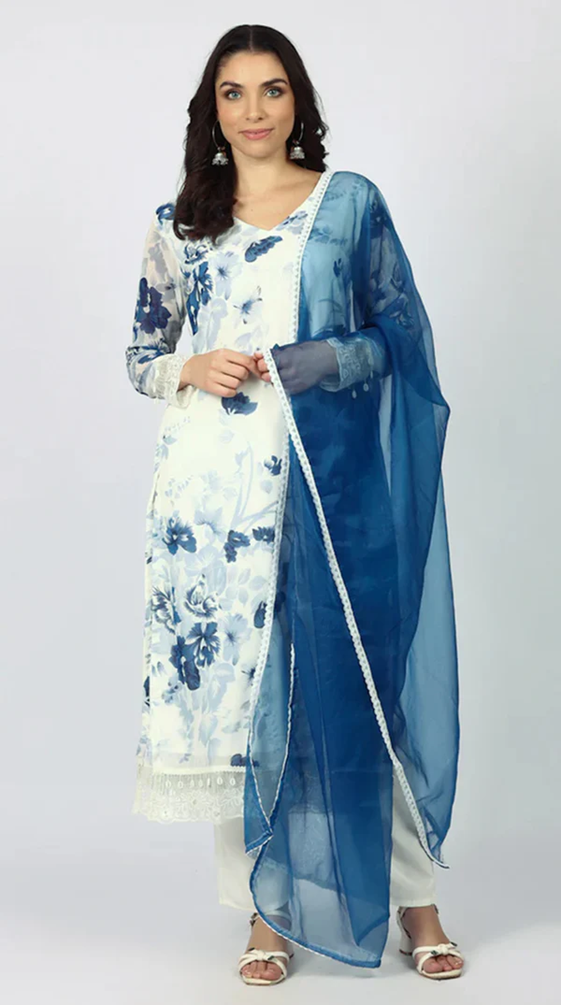 Georgette Printed White   Suit Set