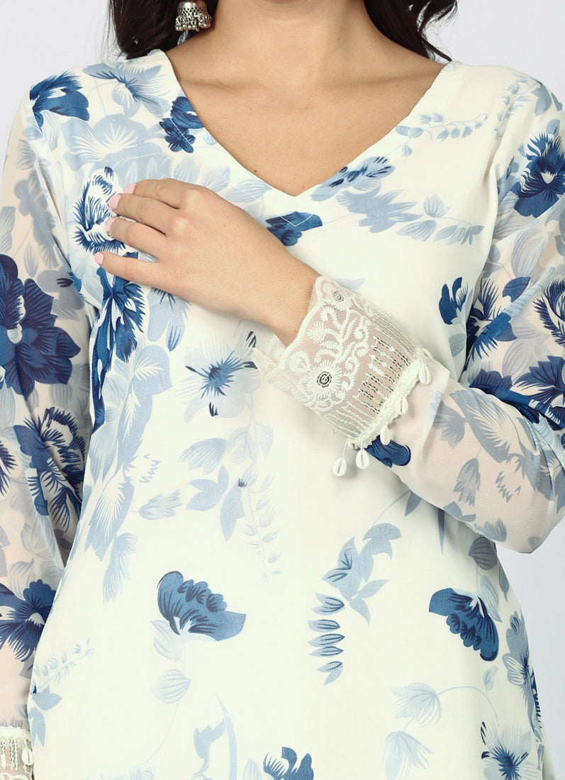 Georgette Printed White   Suit Set