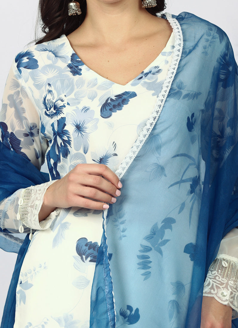 Georgette Printed White   Suit Set