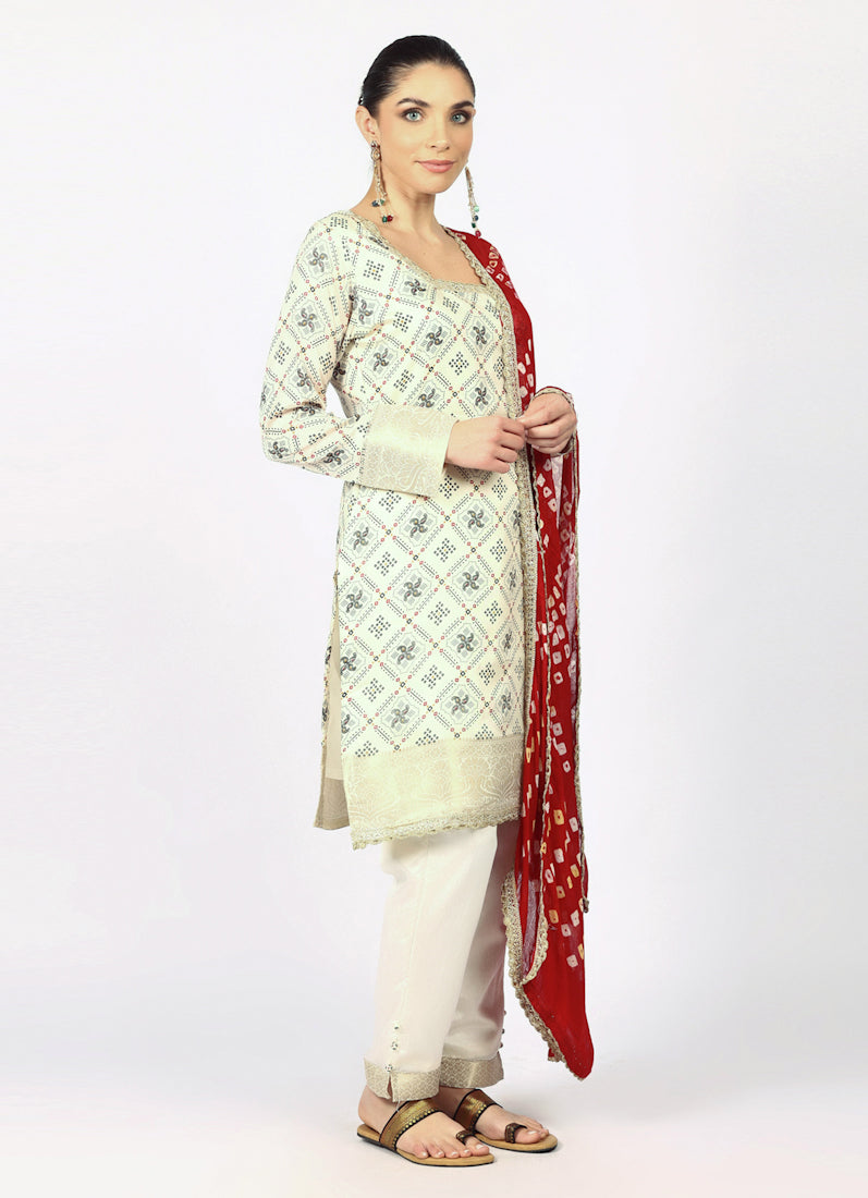 Ivory Silk Bandhani Printed Suit Set