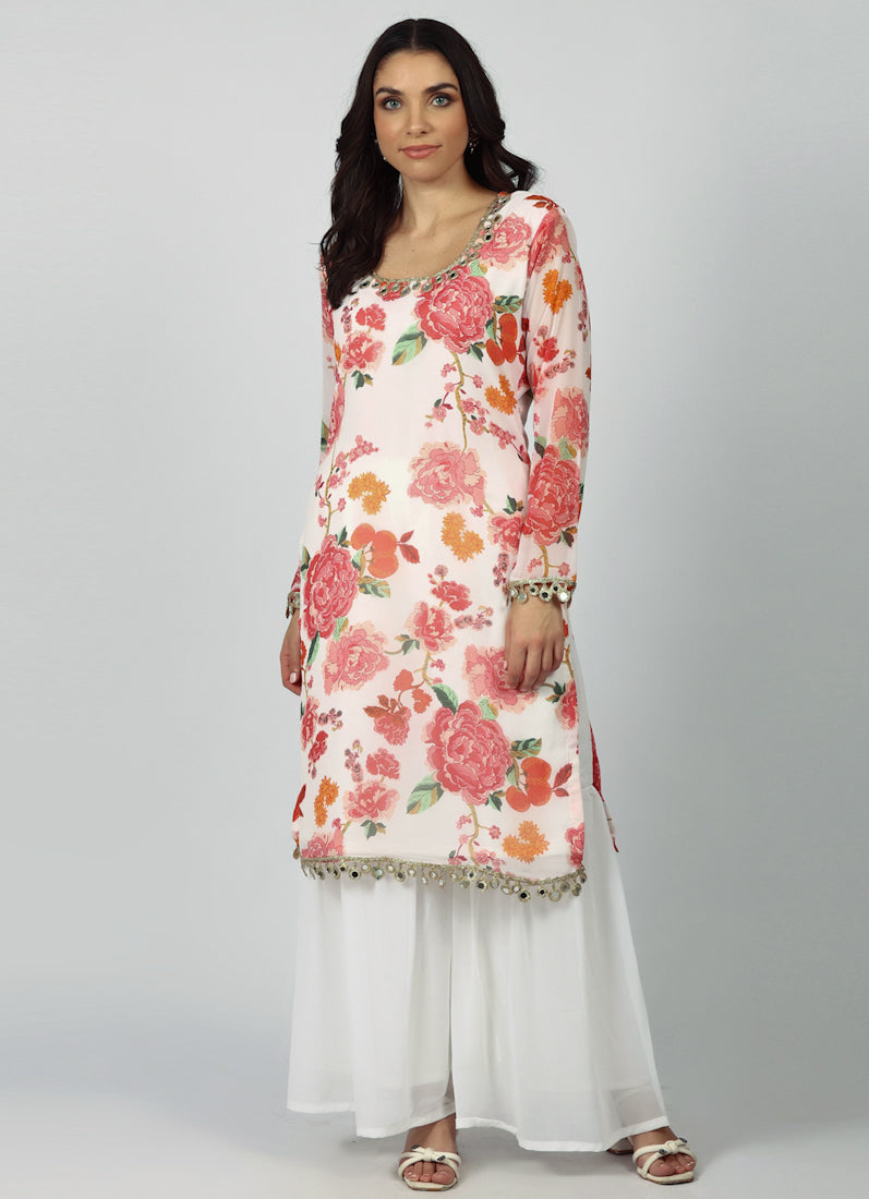 White Georgette Floral Printed Suit Set