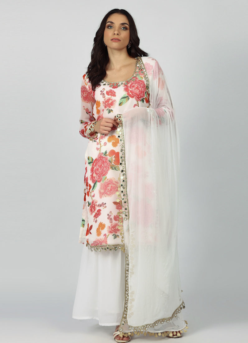 White Georgette Floral Printed Suit Set