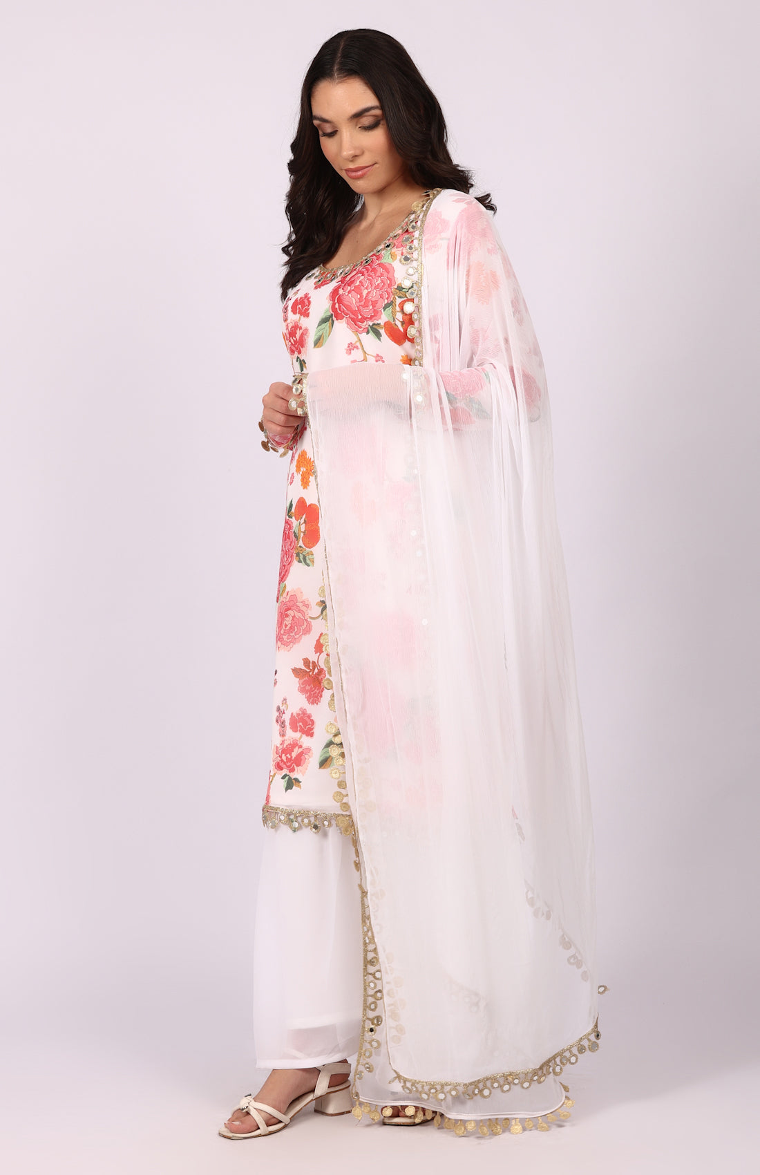 White Georgette Floral Printed Suit Set