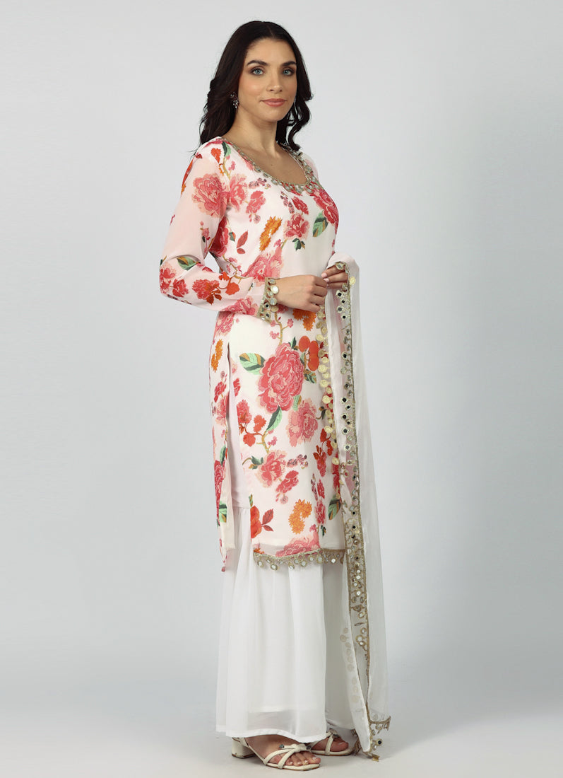 White Georgette Floral Printed Suit Set