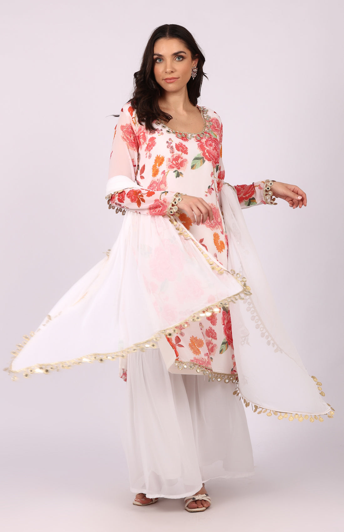 White Georgette Floral Printed Suit Set
