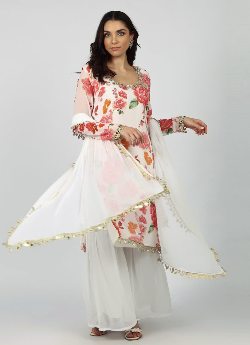 White Georgette Floral Printed Suit Set