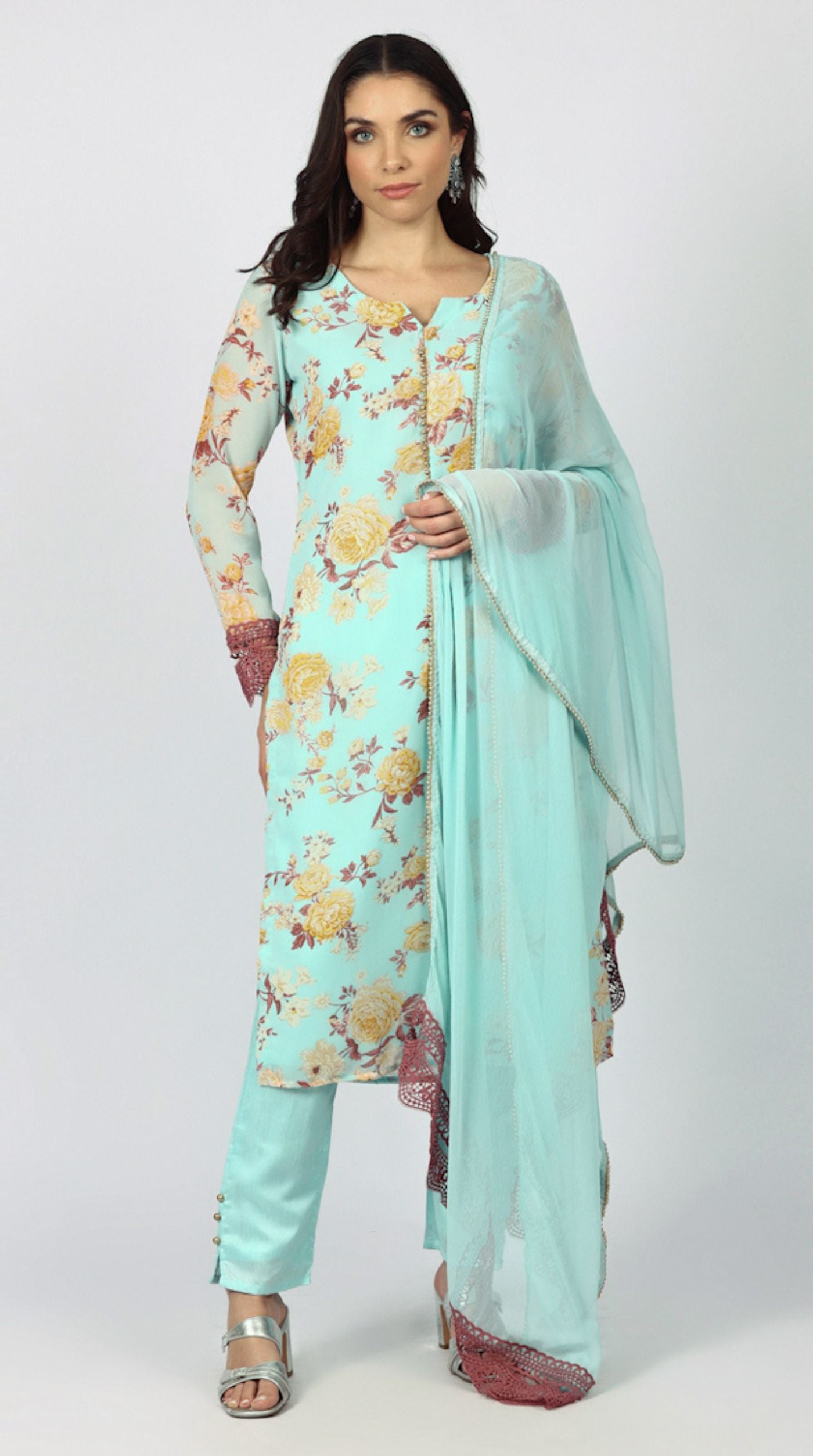 Blue Georgette Floral Printed Suit Set