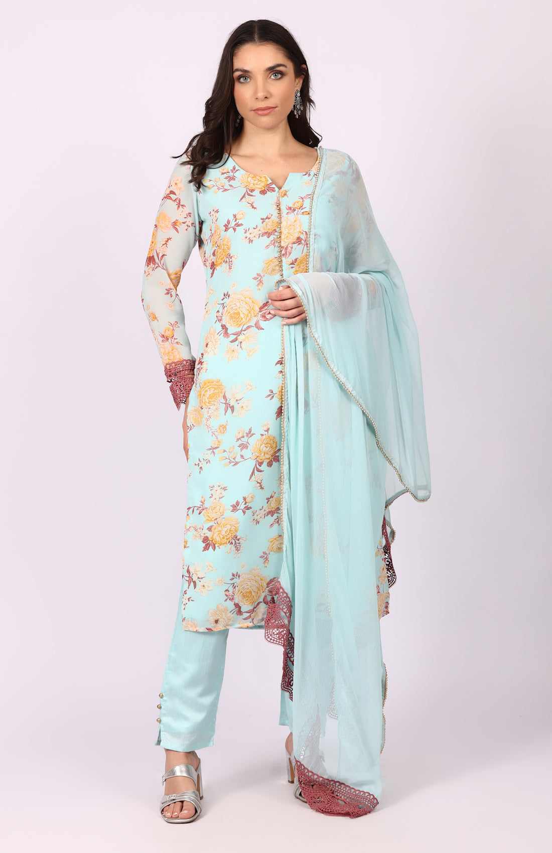 Blue Georgette Floral Printed Suit Set