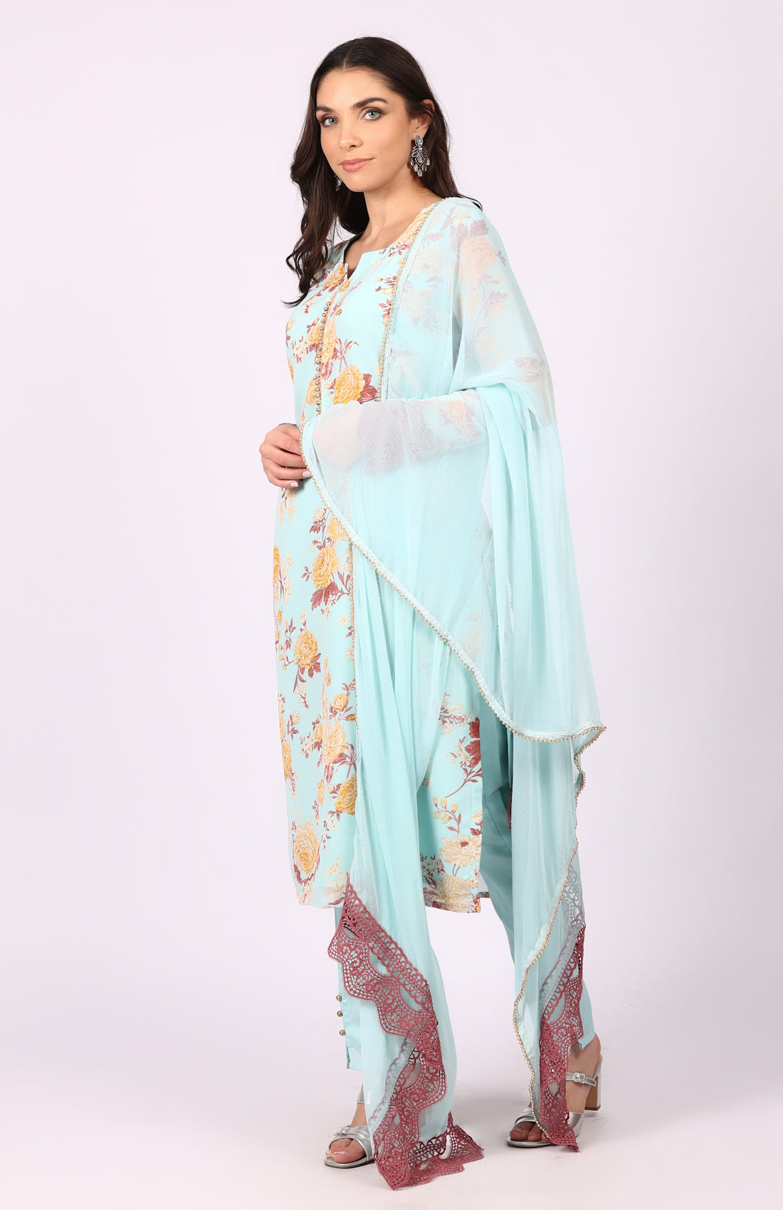 Blue Georgette Floral Printed Suit Set