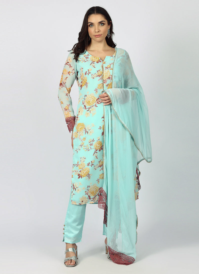 Blue Georgette Floral Printed Suit Set