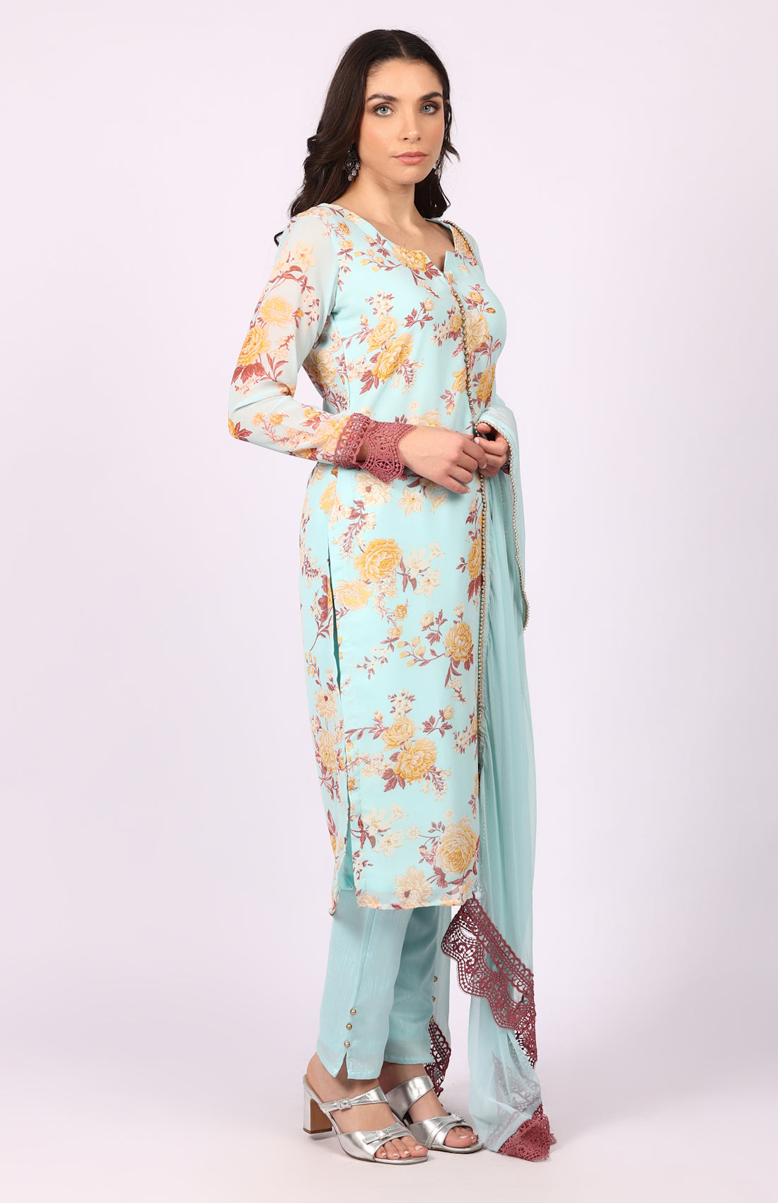 Blue Georgette Floral Printed Suit Set