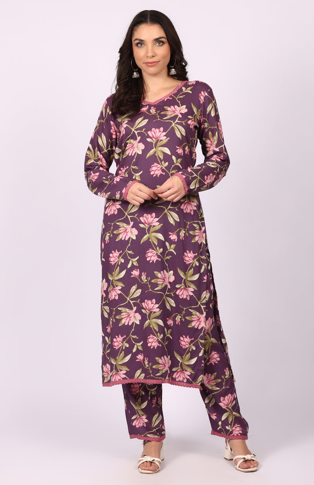 Purple Rayon Floral Printed Suit Set