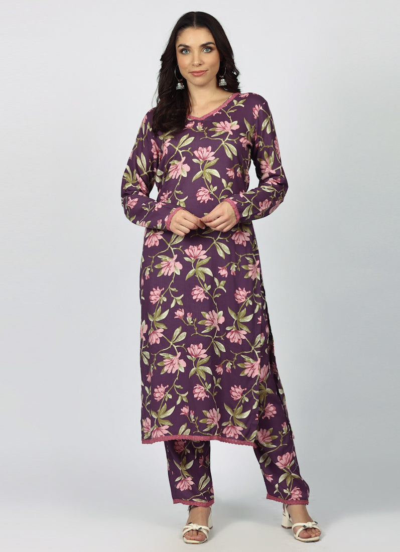 Purple Rayon Floral Printed Suit Set