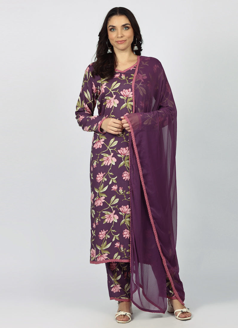 Purple Rayon Floral Printed Suit Set