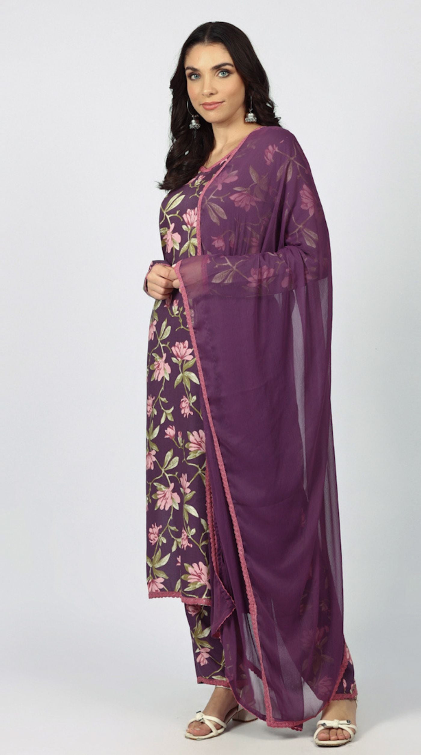 Purple Rayon Floral Printed Suit Set