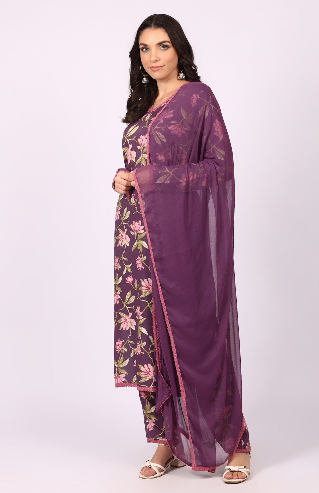 Purple Rayon Floral Printed Suit Set