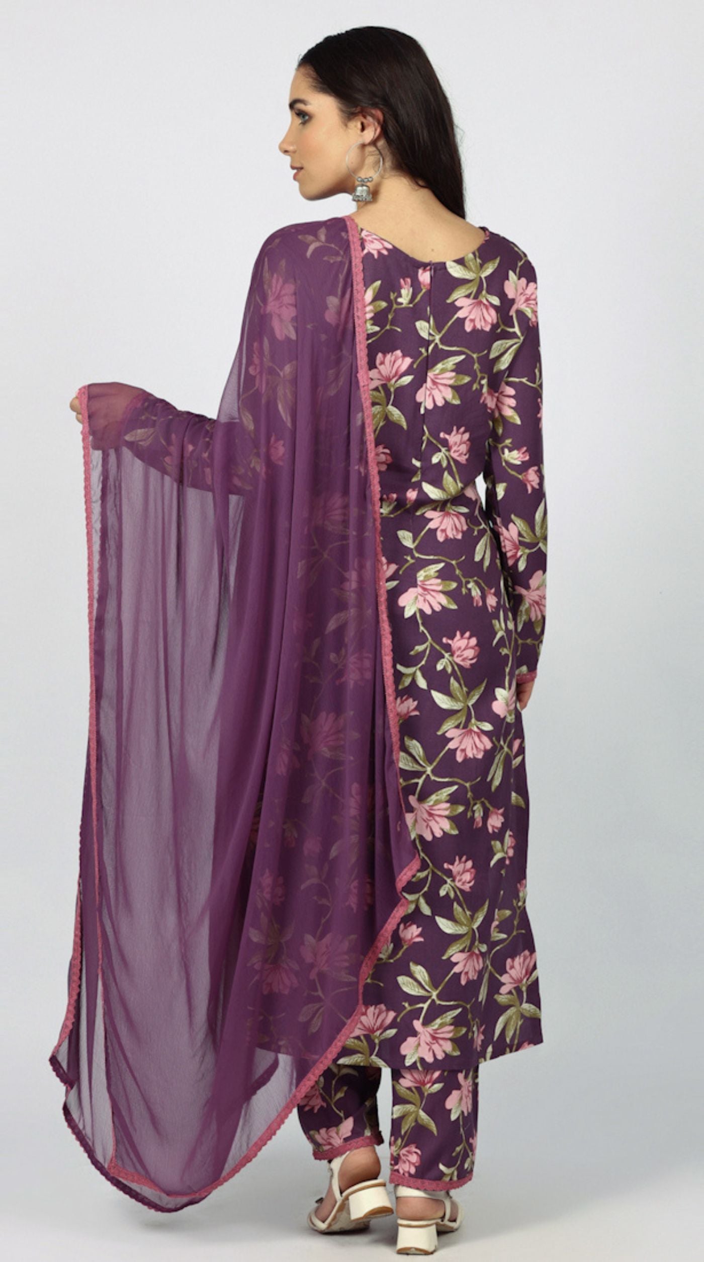 Purple Rayon Floral Printed Suit Set