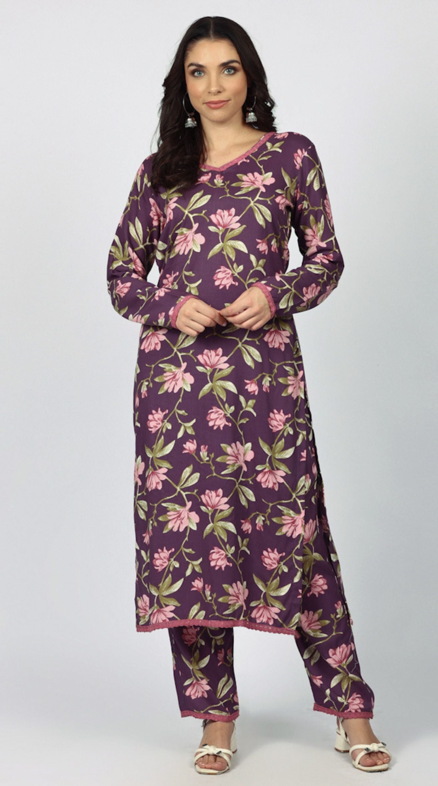Purple Rayon Floral Printed Suit Set