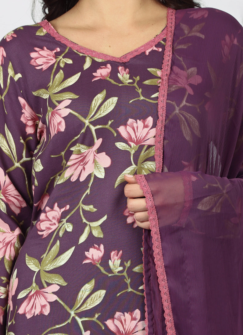 Purple Rayon Floral Printed Suit Set