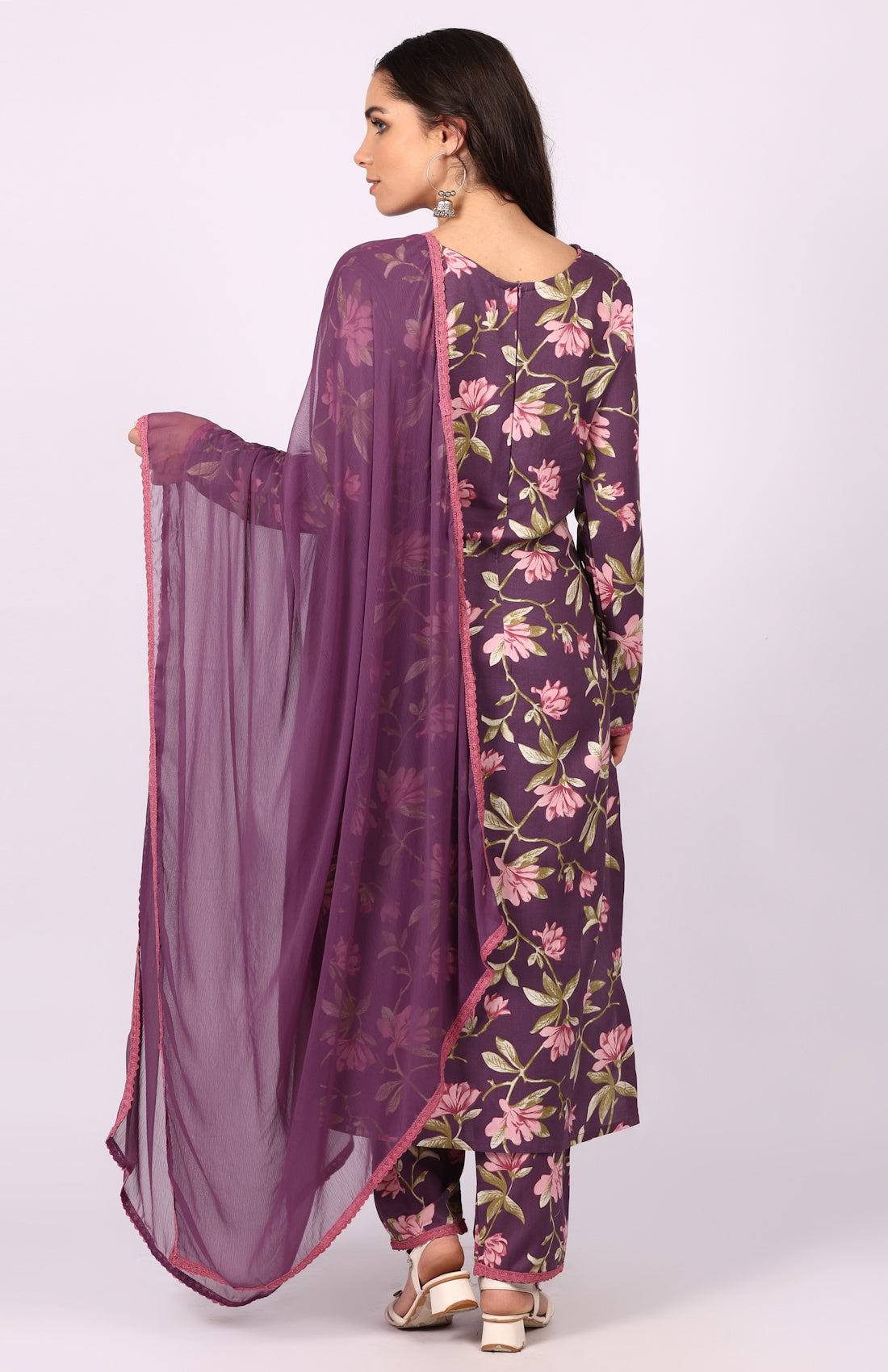 Purple Rayon Floral Printed Suit Set