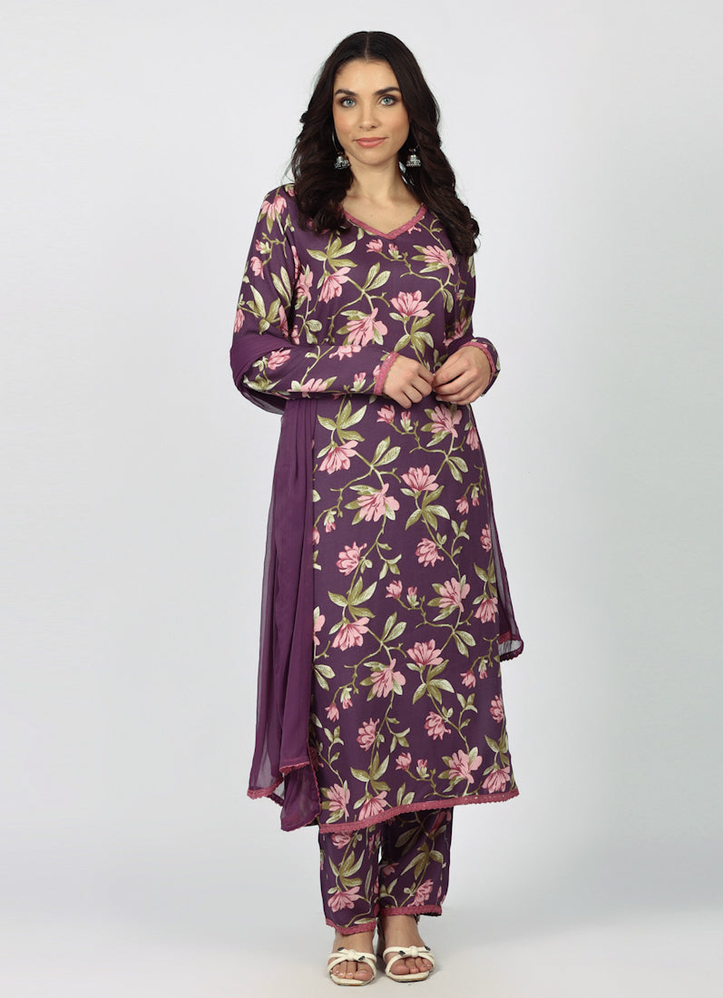 Purple Rayon Floral Printed Suit Set