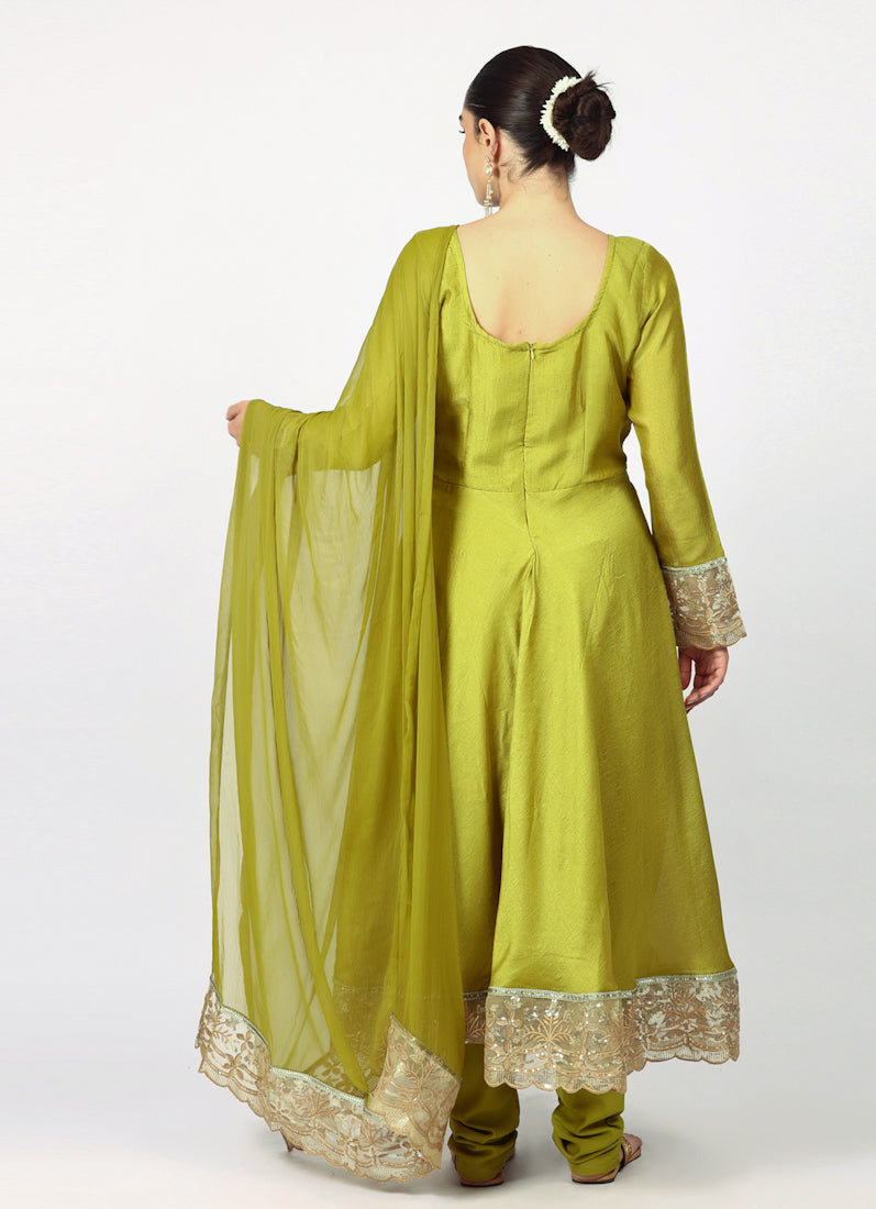 Mehendi Green Georgette Vichitra Bias Cut Suit Set