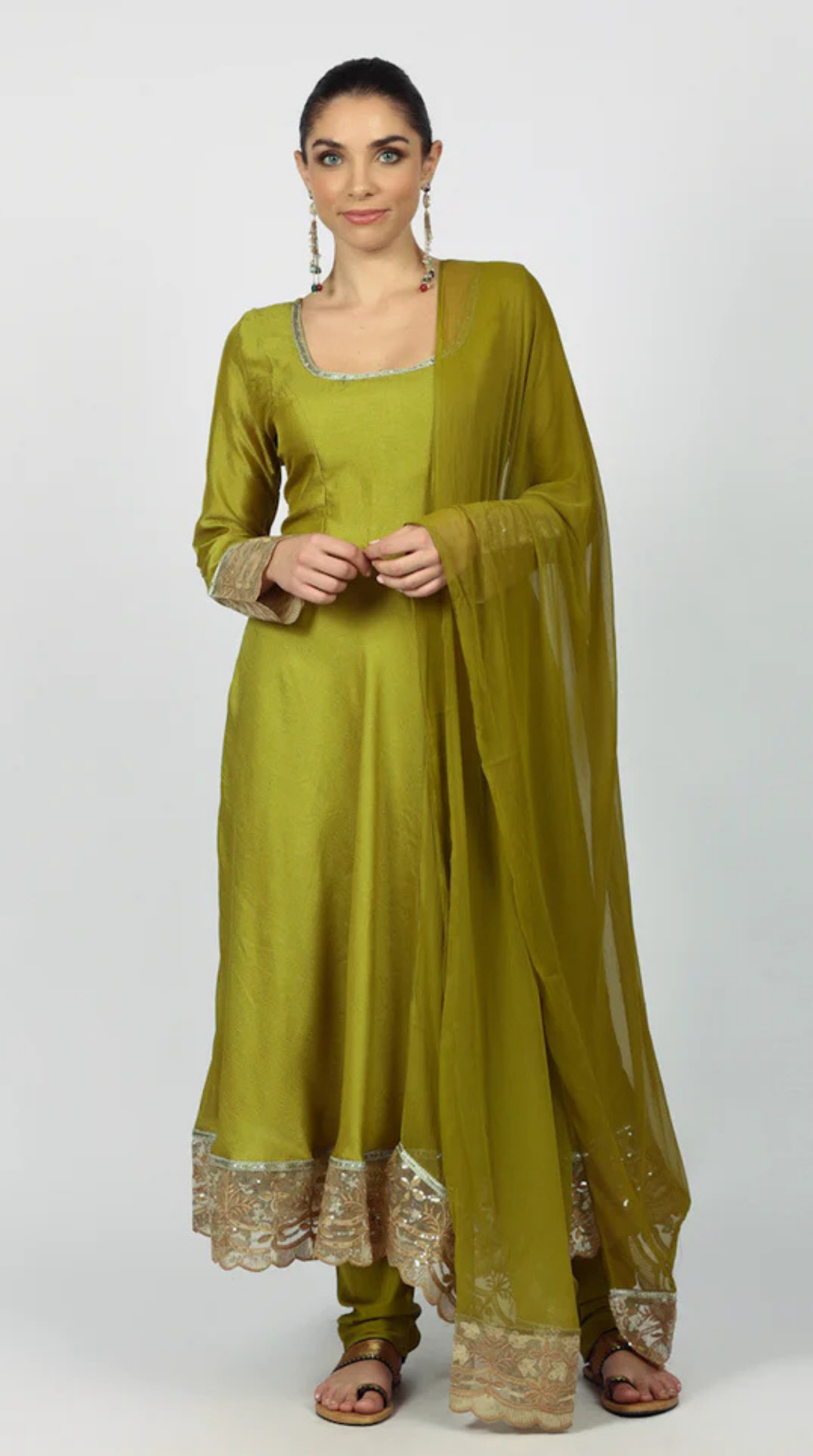 Mehendi Green Georgette Vichitra Bias Cut Suit Set