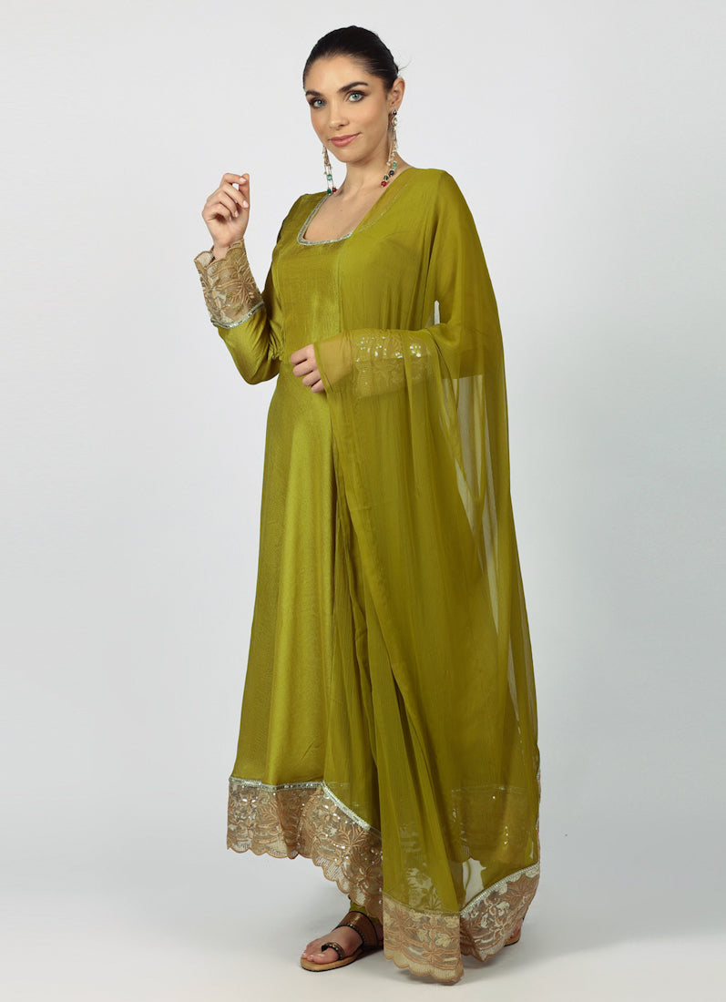 Mehendi Green Georgette Vichitra Bias Cut Suit Set