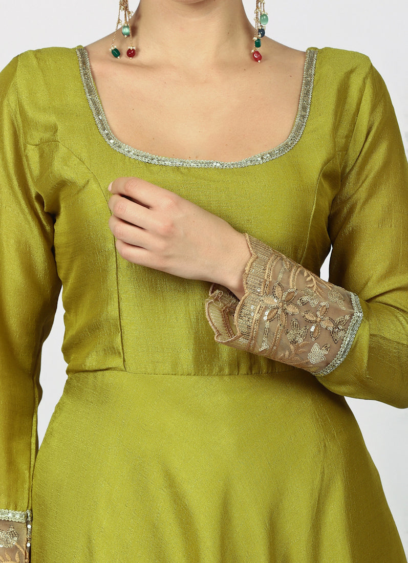 Mehendi Green Georgette Vichitra Bias Cut Suit Set