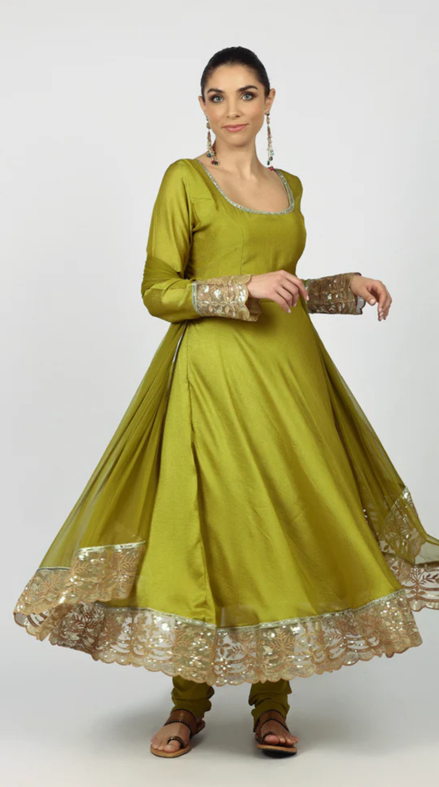 Mehendi Green Georgette Vichitra Bias Cut Suit Set